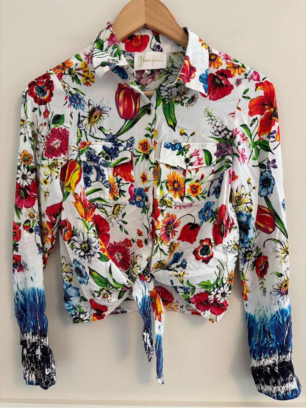 Yumi Kim White Floral Tie-Front Shirt with Blue-Dip Cuffs